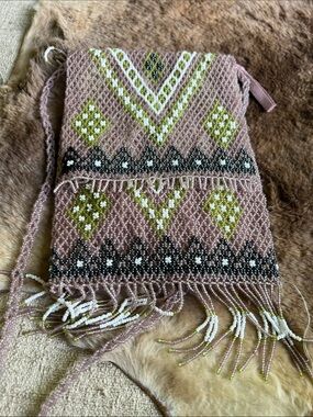 Free People Pink Beaded Fringe Shoulder Bag with Green and Black Accents